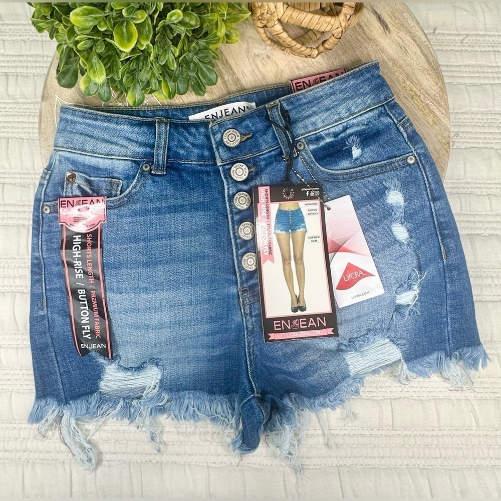 ENJEAN Womens High Rise Button Fly Distressed Denim Shorts Size Medium Wash